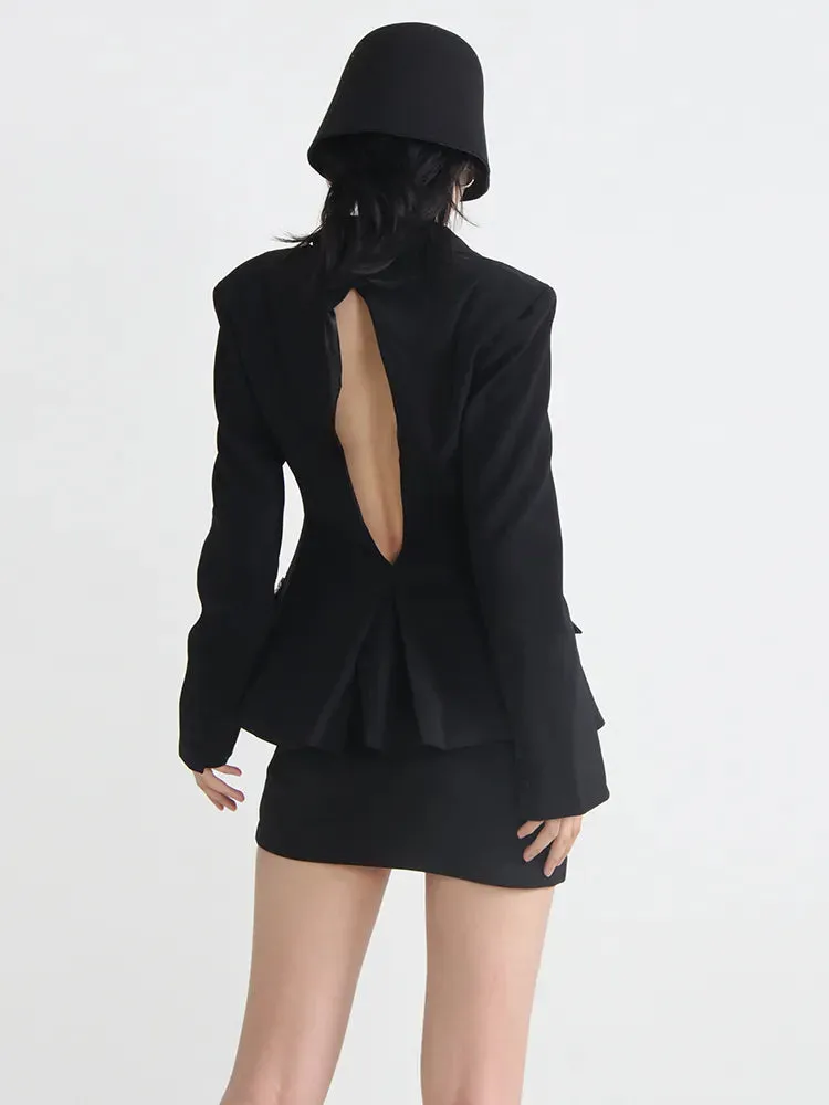 Slim Backless Blazers For Women Notched Collar Long Sleeve Patchwork Diamonds Blazer Female Fashion Clothing