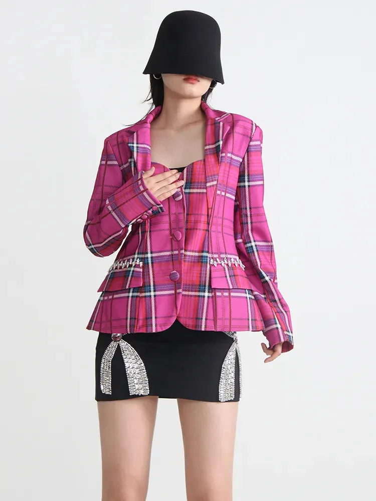 Slim Backless Blazers For Women Notched Collar Long Sleeve Patchwork Diamonds Blazer Female Fashion Clothing