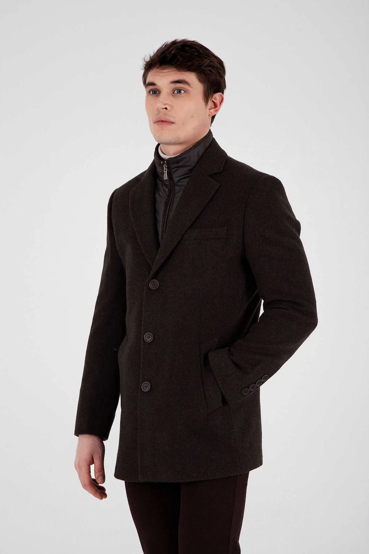 Slim Fit Cachet Notch Lapel Brown Wool Blend Coat