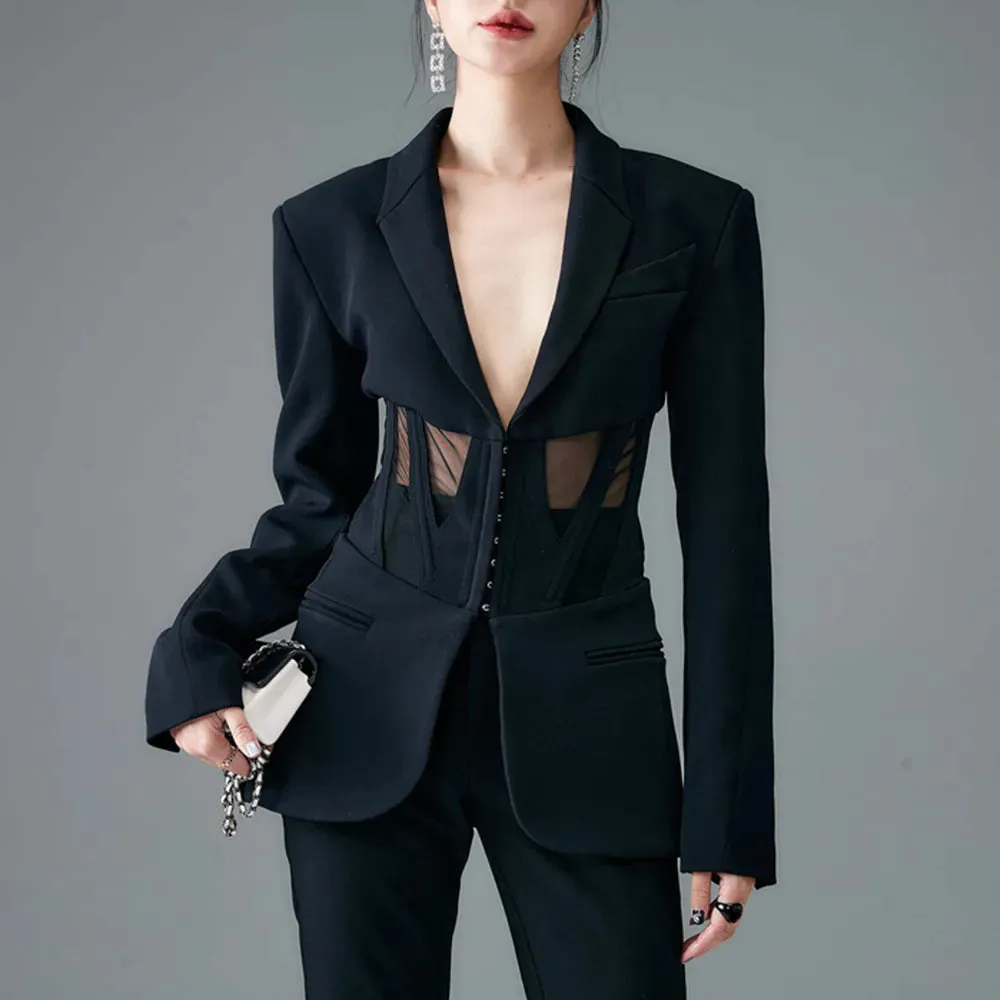 Solid Blazers For Women Notched Collar Long Sleeves Patchwork Mesh Slimming Sexy Blazer Female Fashion Clothes