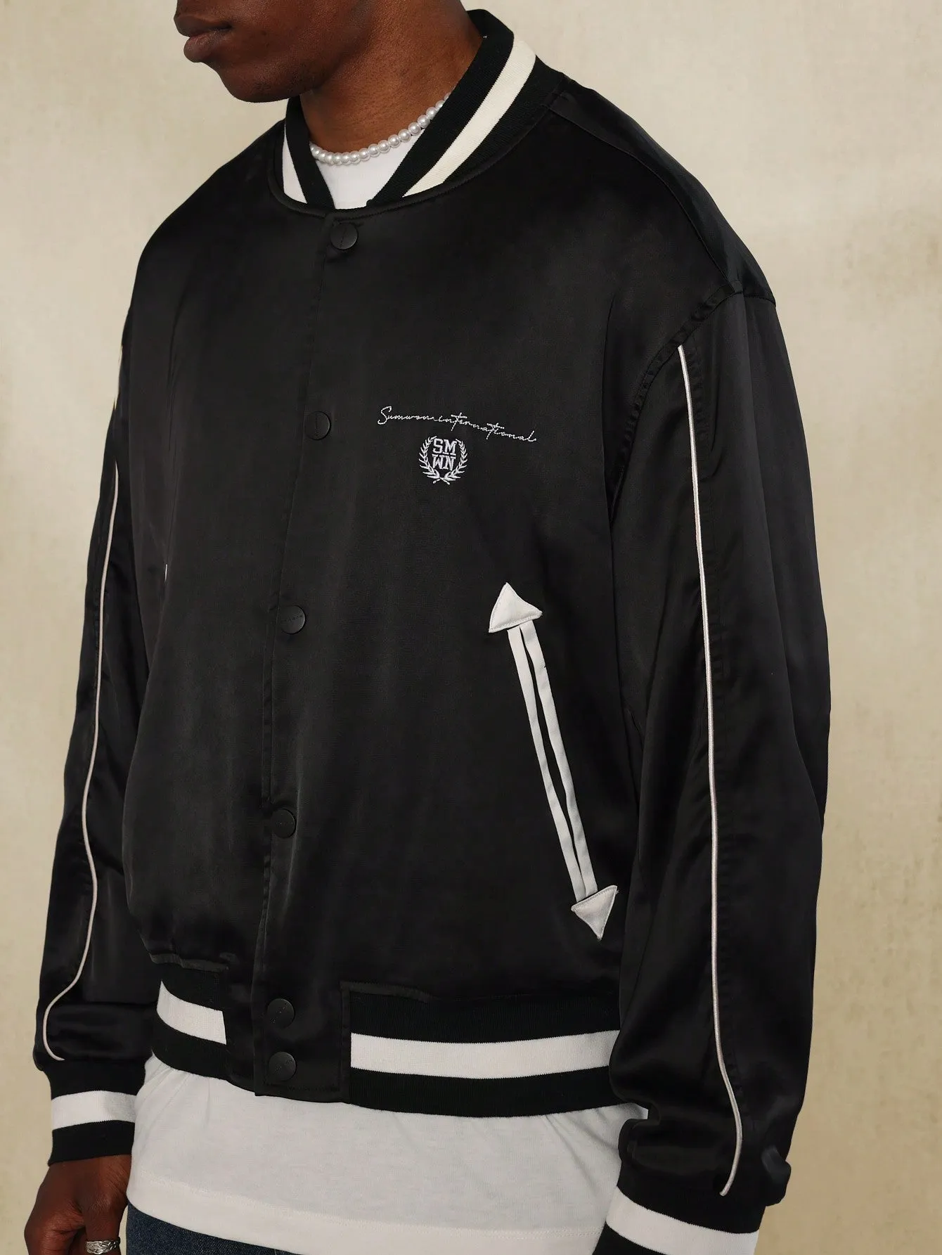 Souvenir Varsity Jacket With Letter Graphic Print, Stripe Trim And Sleeve Piping Detail