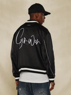 Souvenir Varsity Jacket With Letter Graphic Print, Stripe Trim And Sleeve Piping Detail