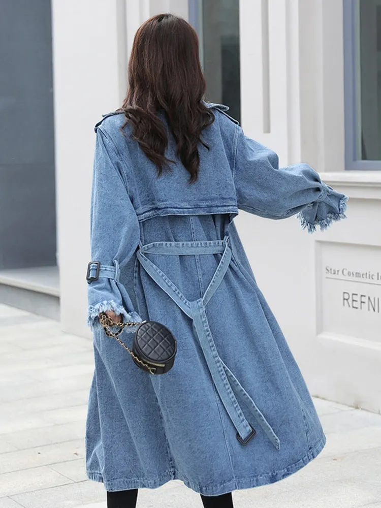 Spliced Belt Denim Trench For Women Lapel Long Sleeve Double Breasted Loose Solid Coats Female Clothing Style