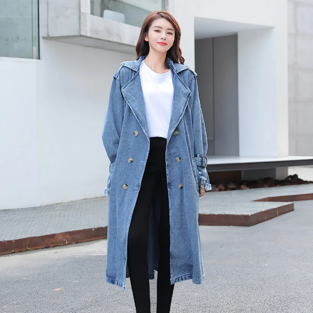 Spliced Belt Denim Trench For Women Lapel Long Sleeve Double Breasted Loose Solid Coats Female Clothing Style