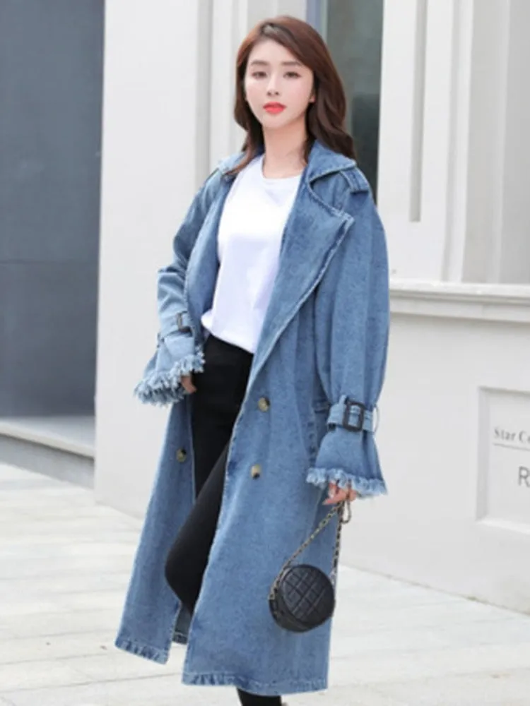 Spliced Belt Denim Trench For Women Lapel Long Sleeve Double Breasted Loose Solid Coats Female Clothing Style