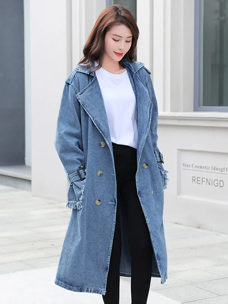 Spliced Belt Denim Trench For Women Lapel Long Sleeve Double Breasted Loose Solid Coats Female Clothing Style