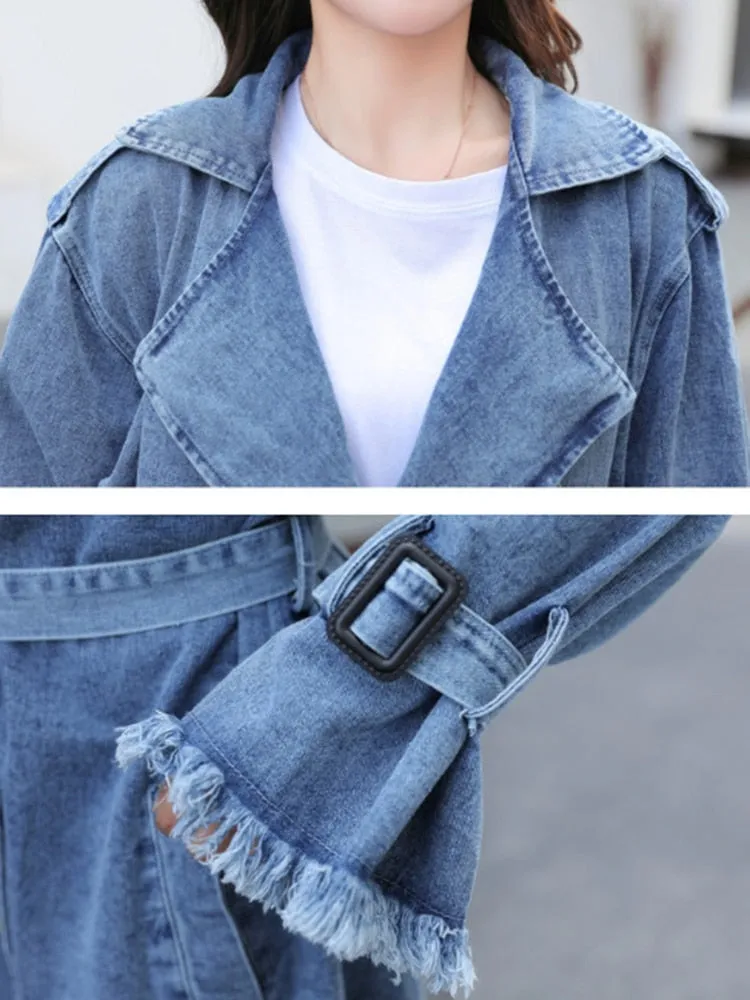 Spliced Belt Denim Trench For Women Lapel Long Sleeve Double Breasted Loose Solid Coats Female Clothing Style