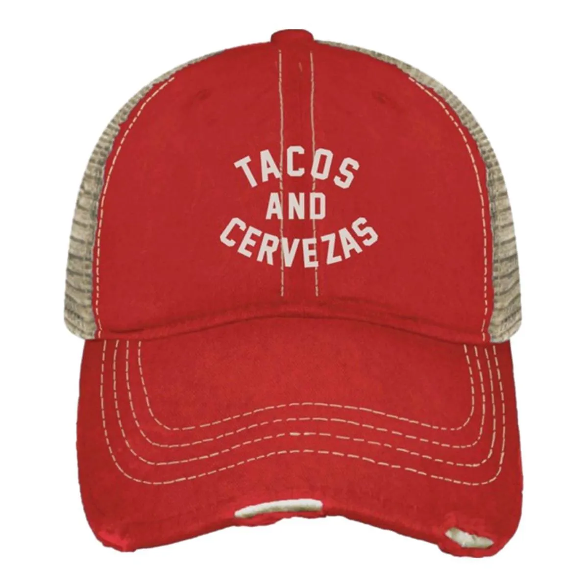 Tacos and Cervezas Retro Brand Red Mesh Tattered Vintage Snapback Hat Cap