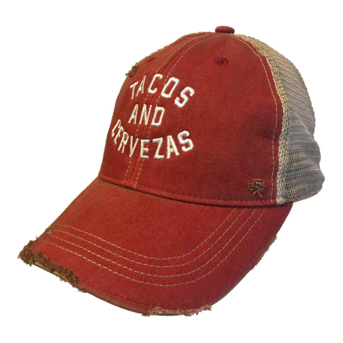 Tacos and Cervezas Retro Brand Red Mesh Tattered Vintage Snapback Hat Cap