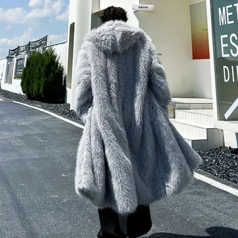 Trend Men's Thickened Mid Length Faux Fur Coat Loose Oversize Winter Fashionable Woolen Windbreaker Over Kenee 9C3168