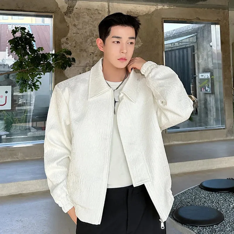 Trendy Men Jacket Spring Fashionable Korean Jacquard Fabric Loose Casual Male Tops Zipper Solid Color 9C5075