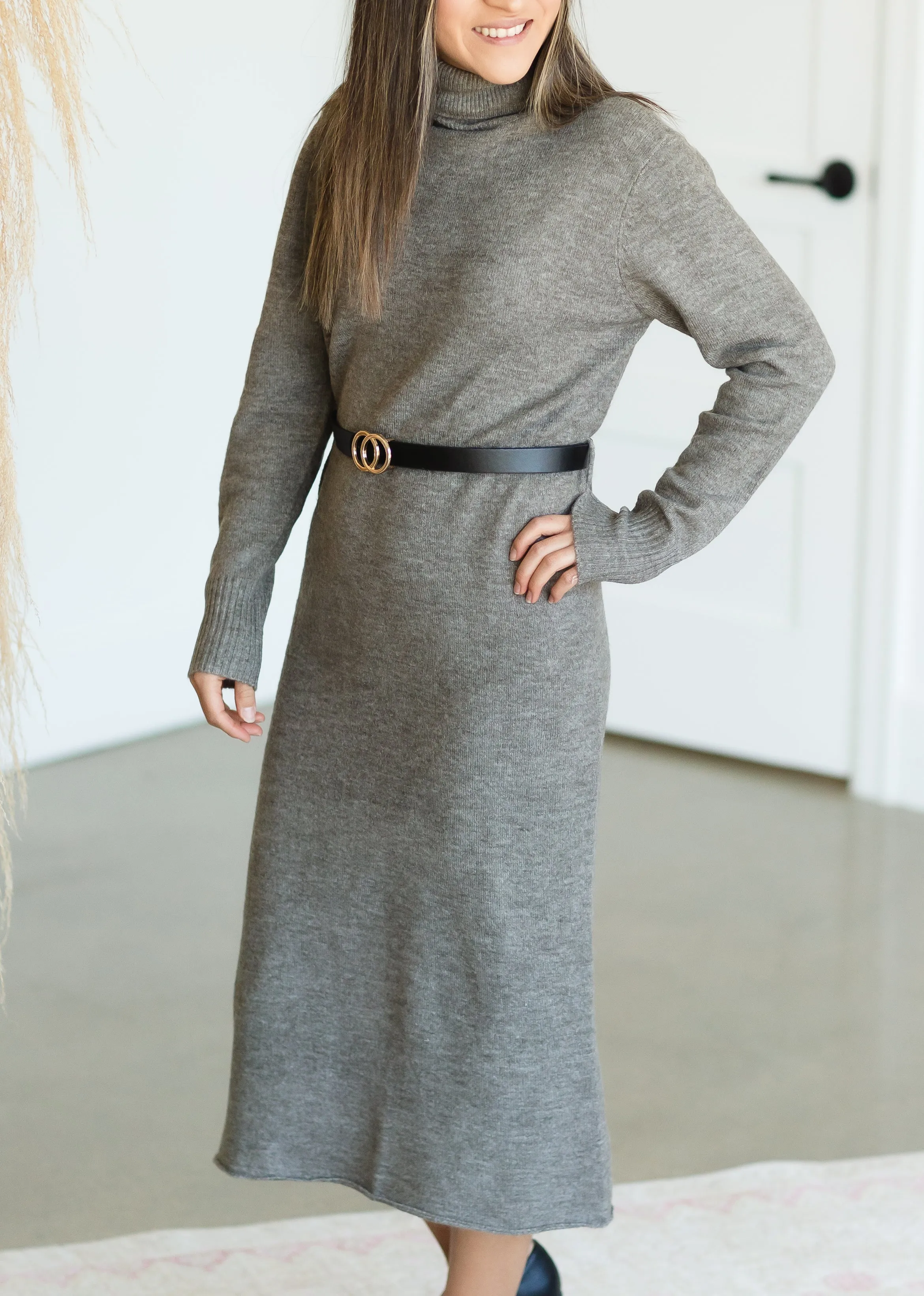 Turtleneck Sweater Midi Dress w/Belt - FINAL SALE