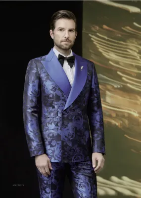 Tuxedo Blue and Navy Patterned Brocade Jacket  / Style Number J39144/200