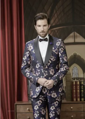 Tuxedo Navy and Pink Floral Patterned Brocade Jacket / Style Number J39202/220