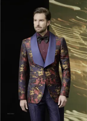 Tuxedo Navy and Red and Gold Patterned Brocade Jacket / Style Number J39204/220