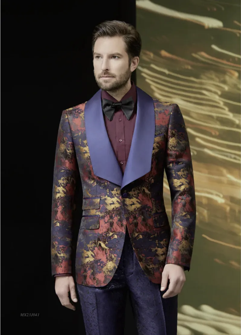 Tuxedo Navy and Red and Gold Patterned Brocade Jacket / Style Number J39204/220