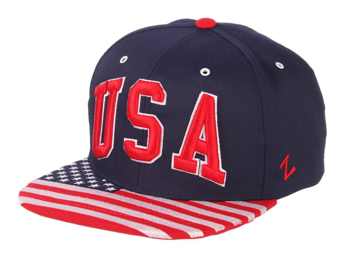 United States "USA" Flag Fourth of July Zephyr Navy Snapback Flat Bill Hat Cap