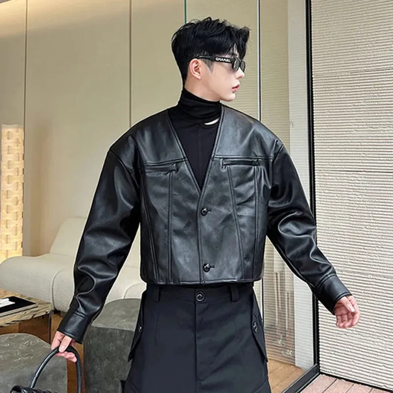 V-neck Male PU Leather Jackets Niche Design Patchwork Solid Color Baggy Men's Short Coat High Street Spring Tide 9C1611