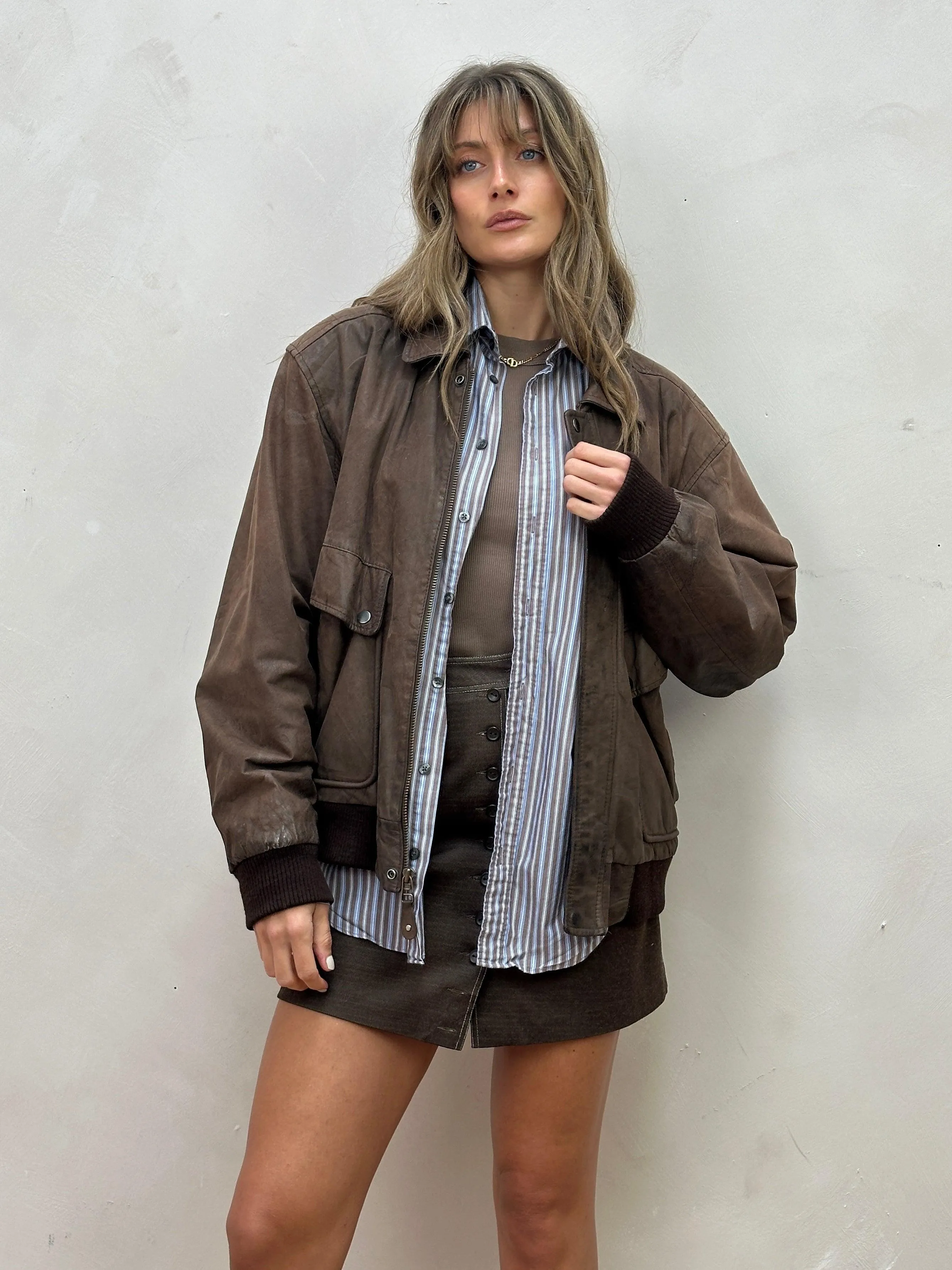 Vintage Distressed Leather Bomber Jacket - L