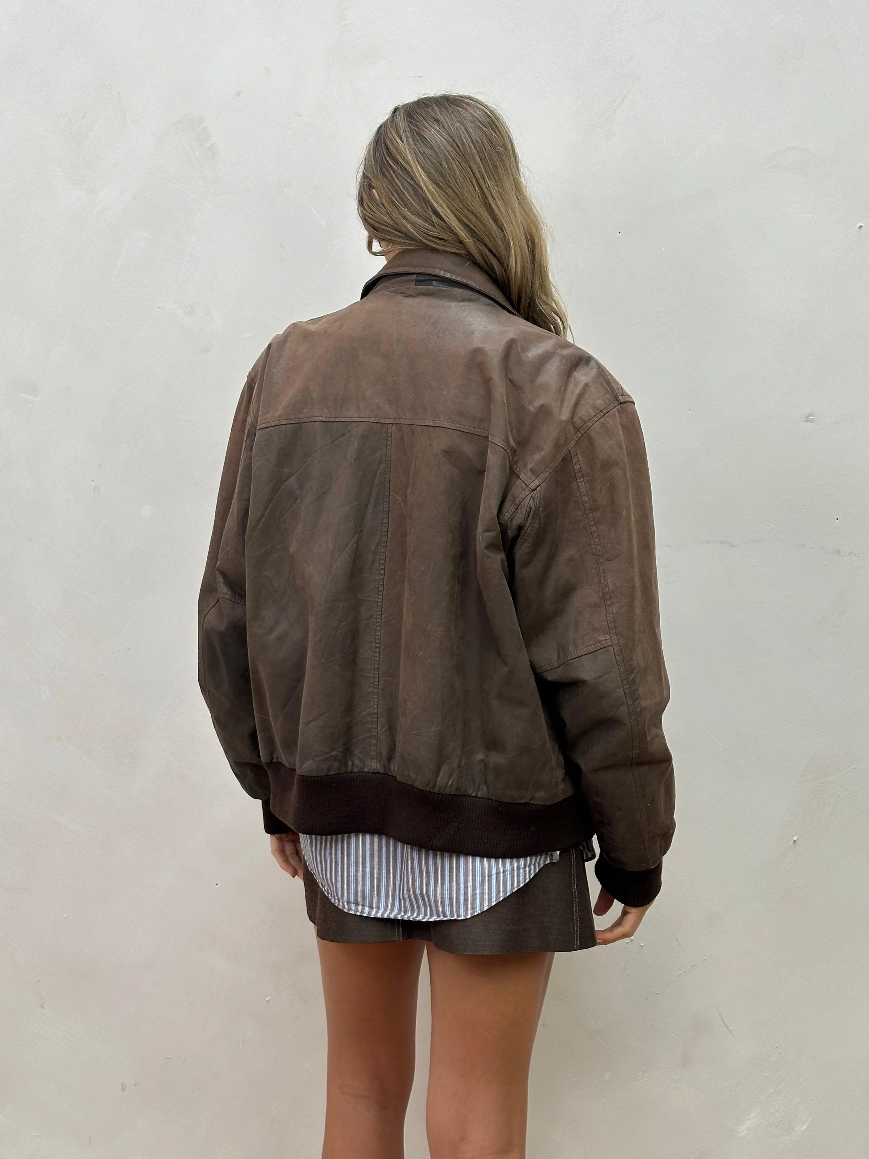 Vintage Distressed Leather Bomber Jacket - L