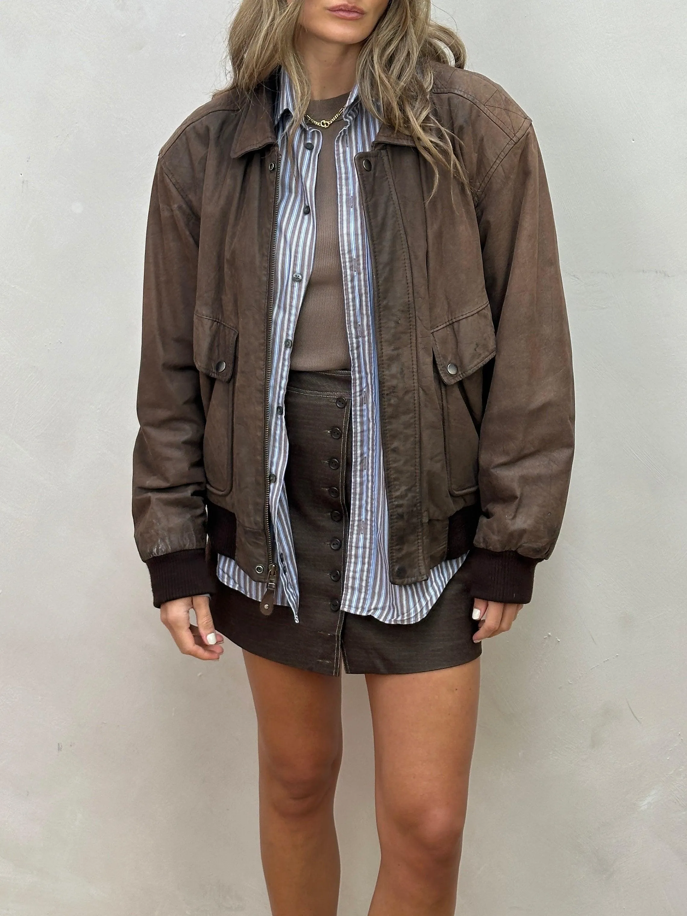 Vintage Distressed Leather Bomber Jacket - L