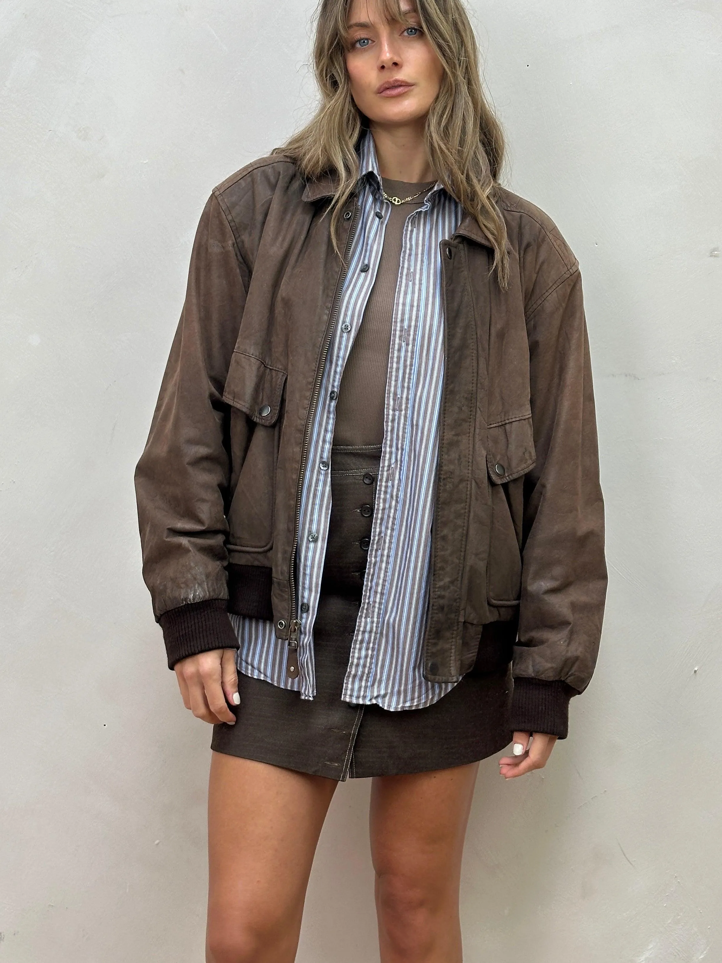 Vintage Distressed Leather Bomber Jacket - L