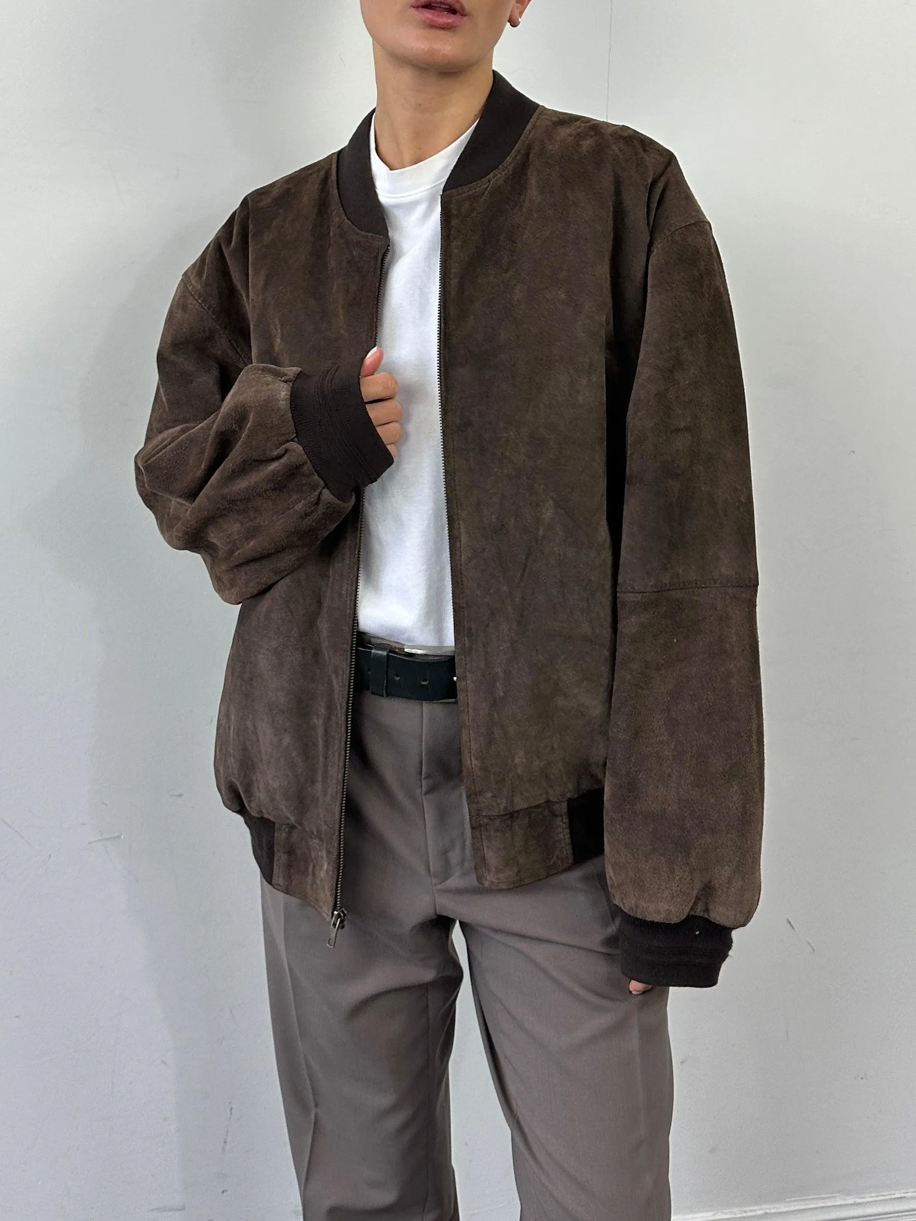 Vintage Suede Leather Bomber Jacket - XL