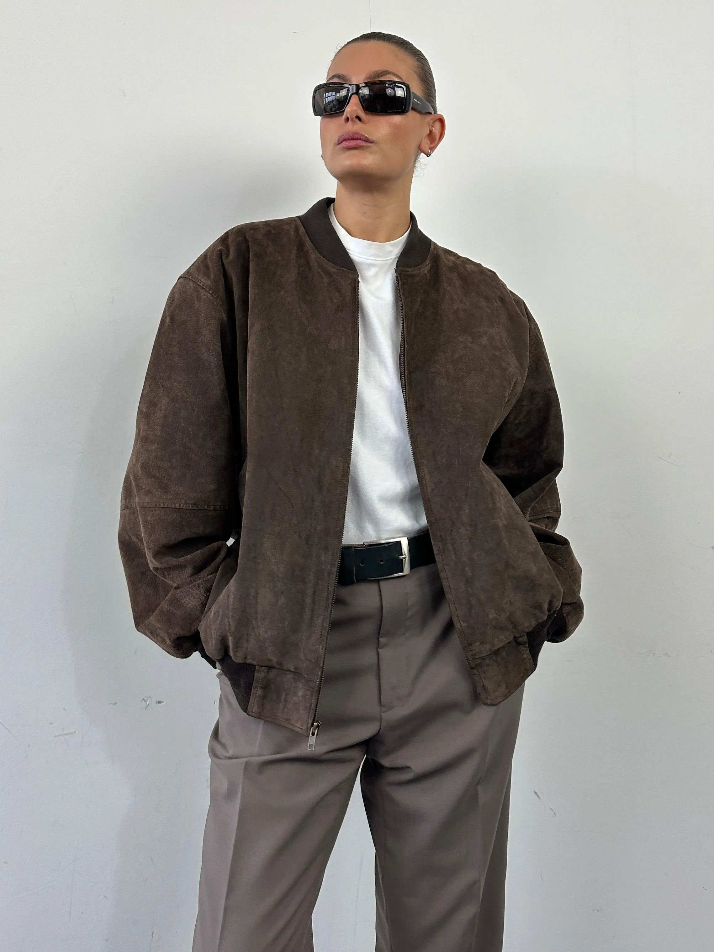 Vintage Suede Leather Bomber Jacket - XL