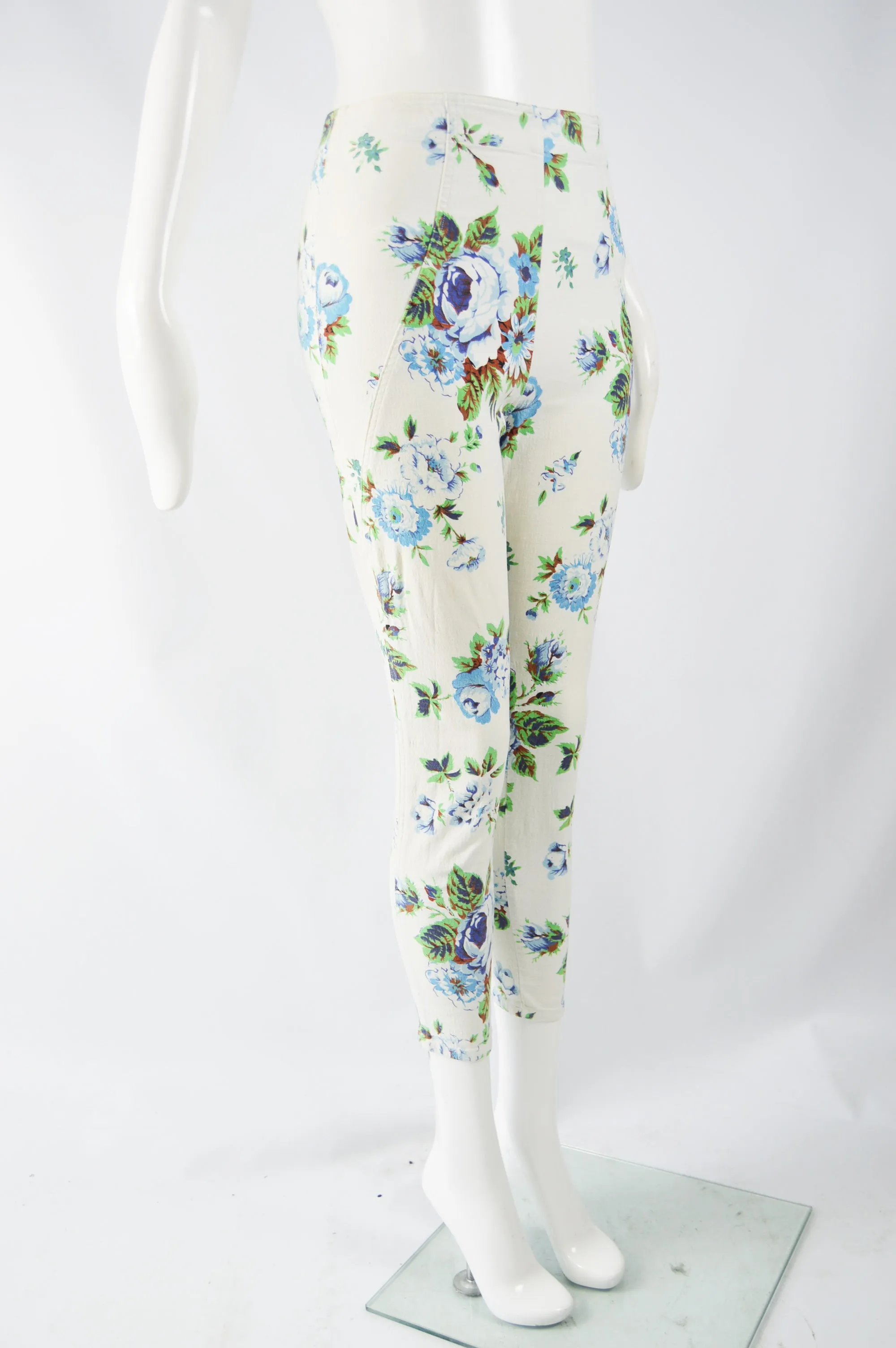 Vintage Womens White Floral Print Crop Skinny Jeans, 1990s