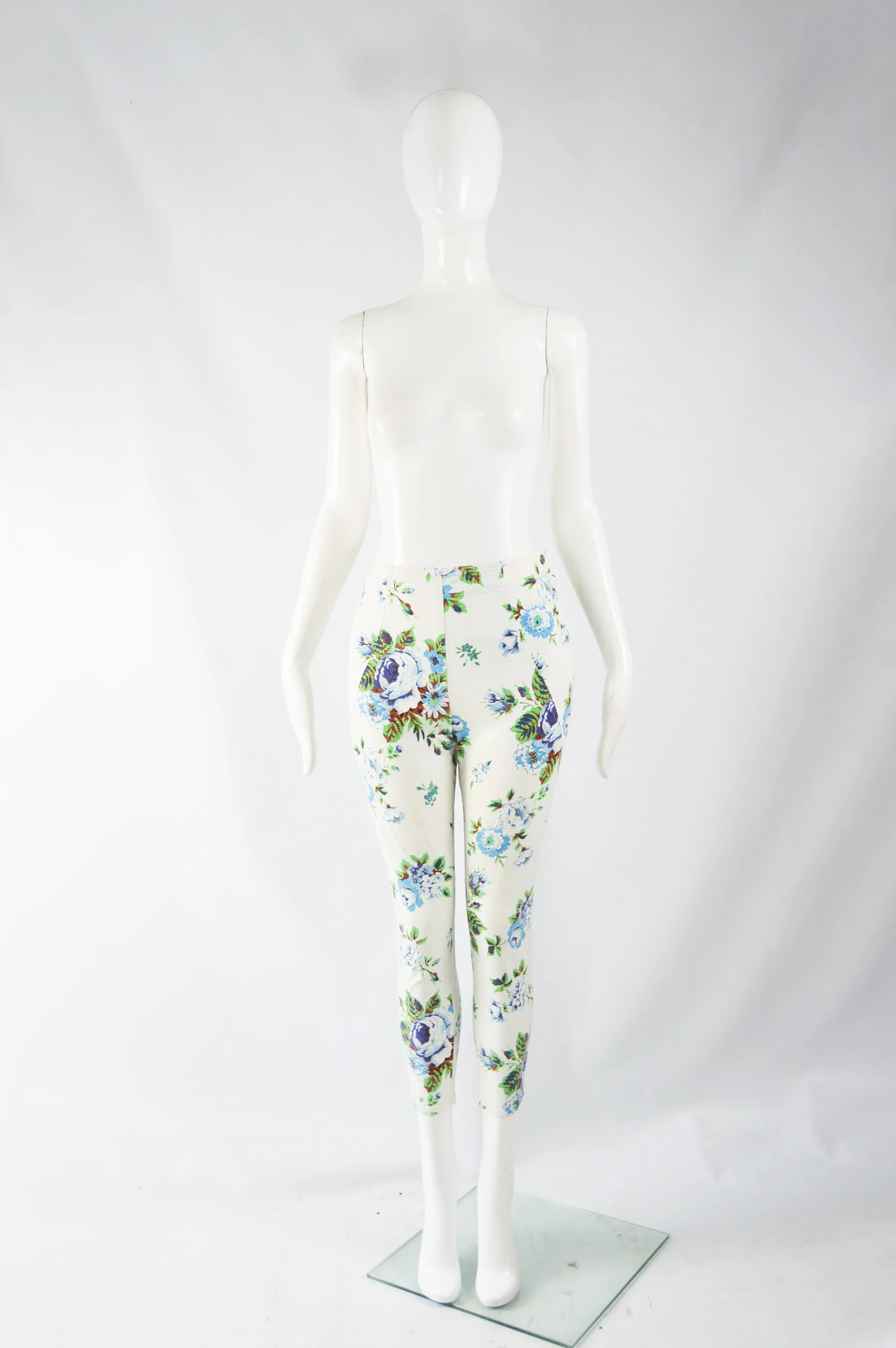 Vintage Womens White Floral Print Crop Skinny Jeans, 1990s