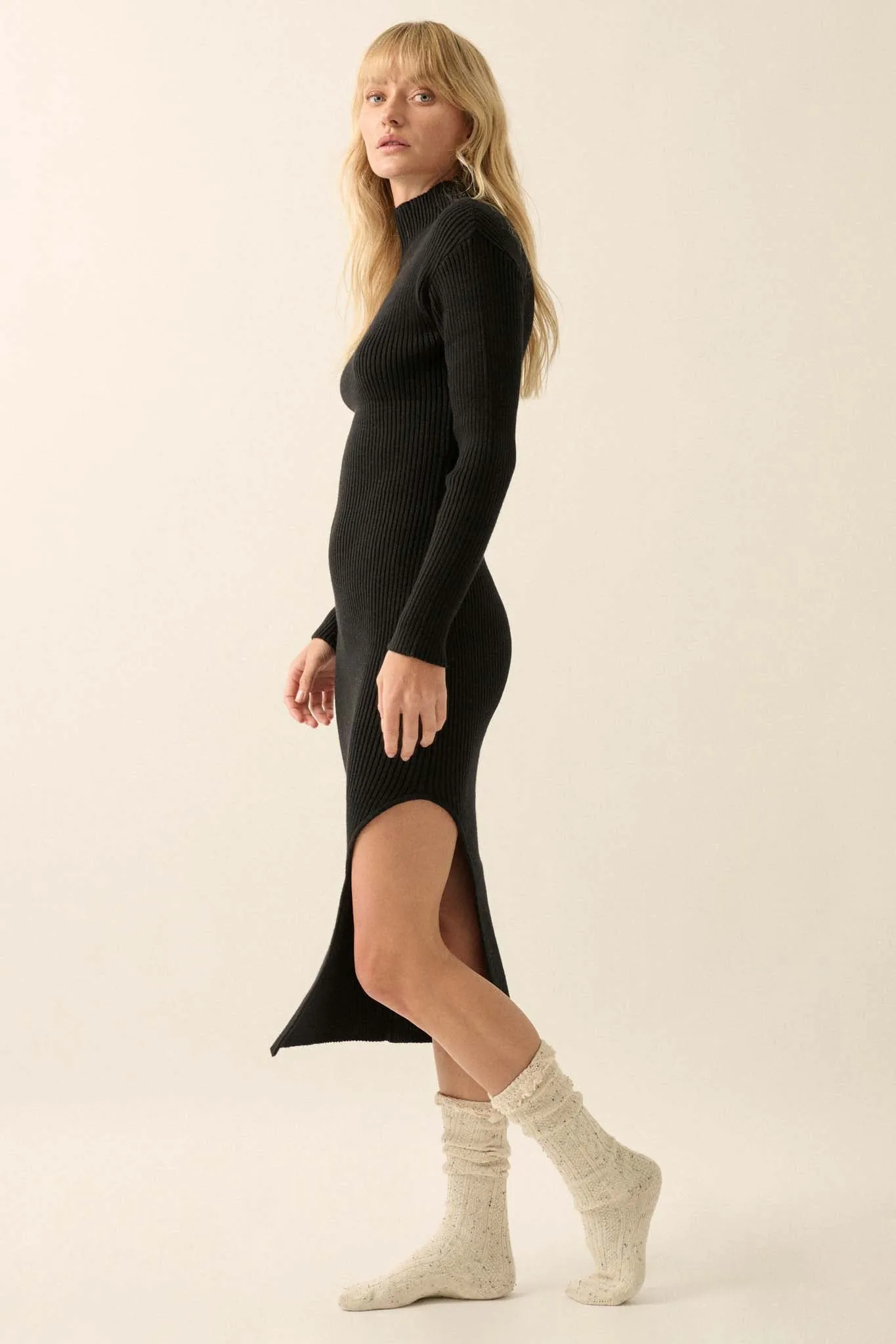 Warm It Up Ribbed-Knit Mock Neck Sweater Dress