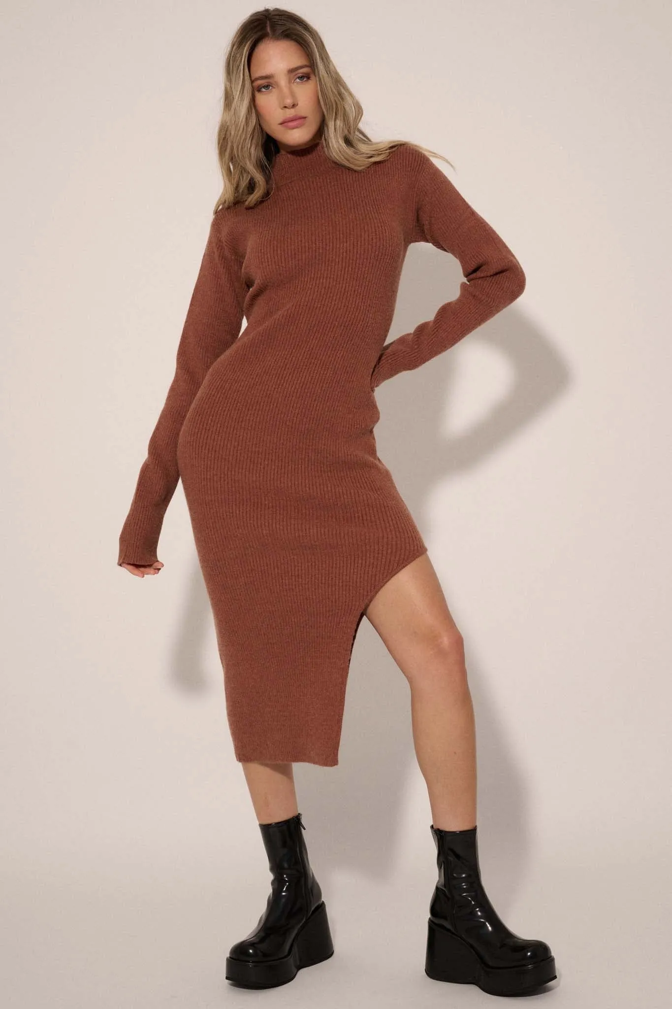 Warm It Up Ribbed-Knit Mock Neck Sweater Dress