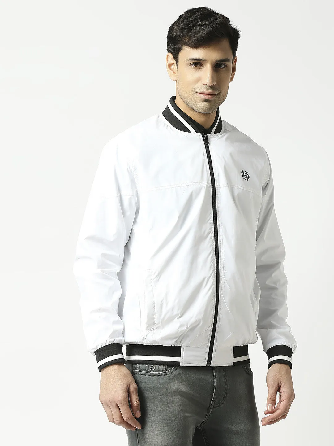 White Bomber Jacket with Thick Black Trim