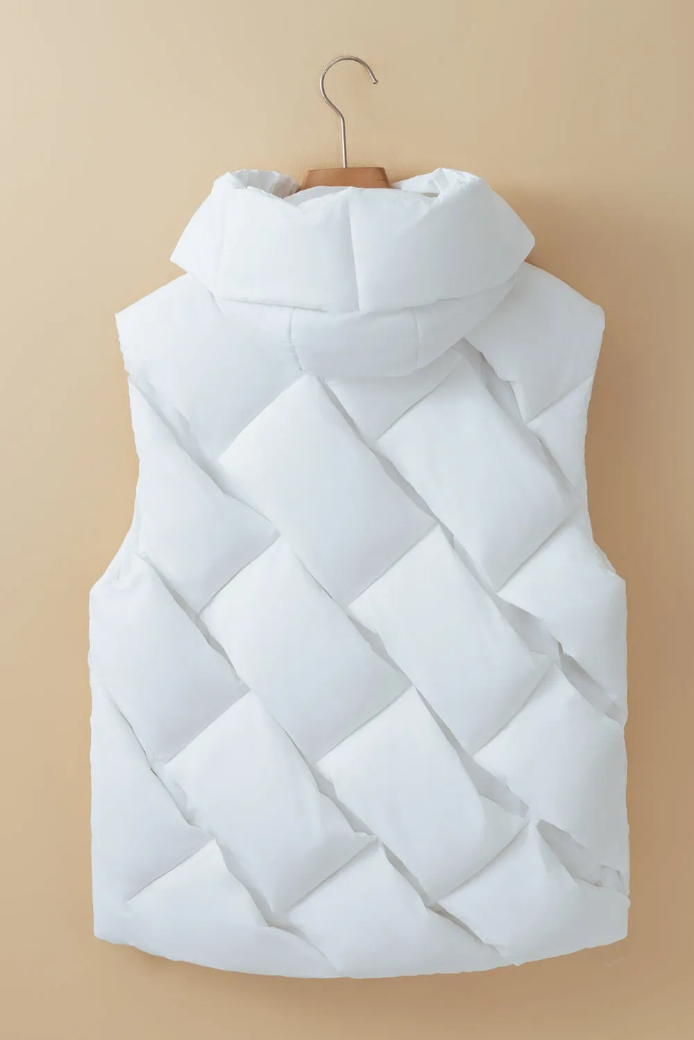 White Quilted Zipper Front Hooded Vest Coat