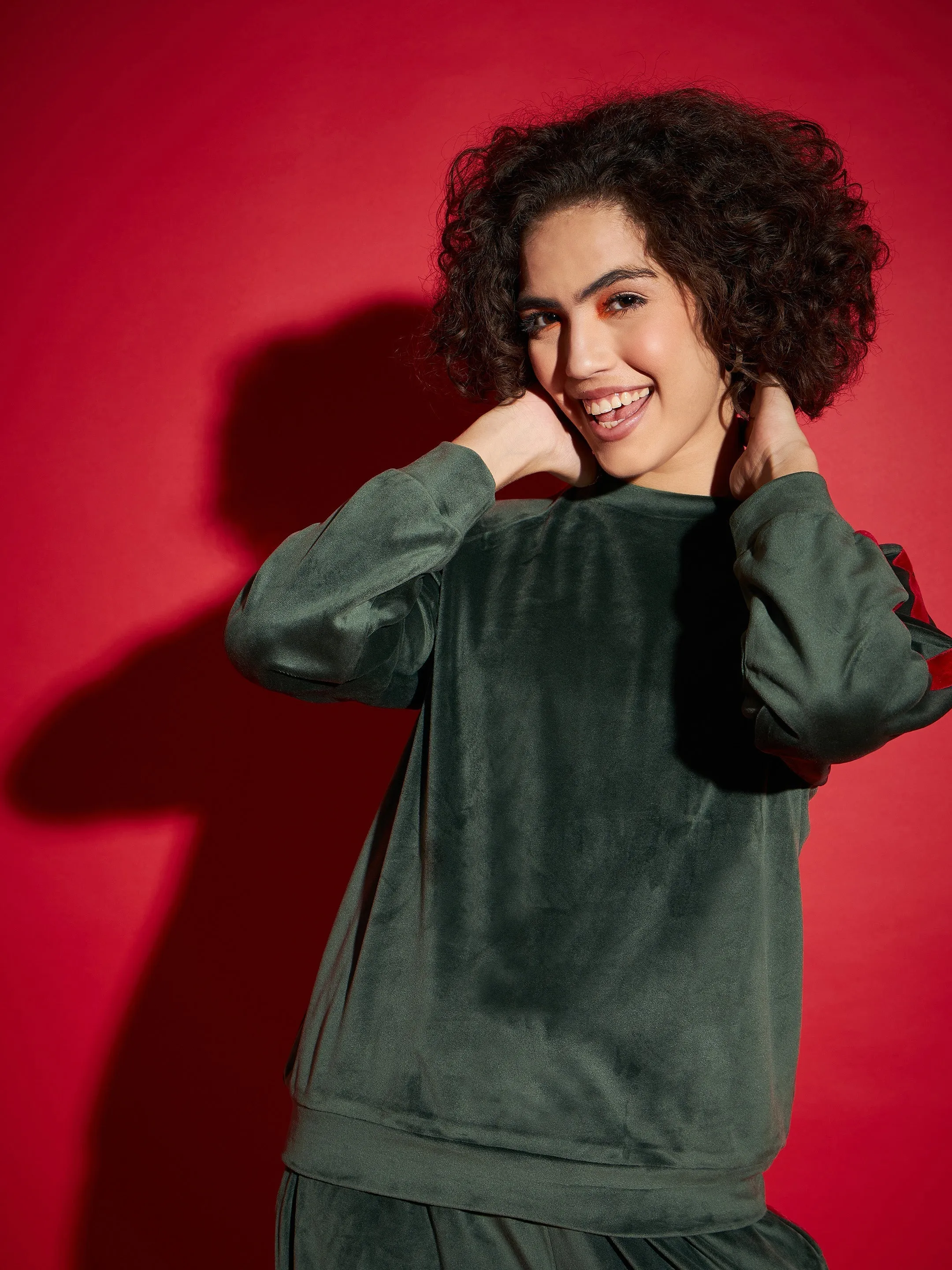 Women Emerald Velour Tape Detail Sweatshirt With Joggers