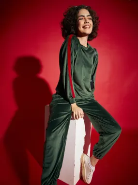 Women Emerald Velour Tape Detail Sweatshirt With Joggers