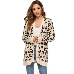 Women Long Sleeve Open Front Leopard Knit Sweater Coat