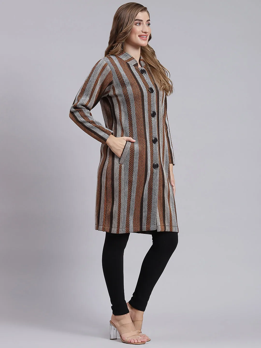 Women Multicolor Self Design Wool blend Knitted Coat