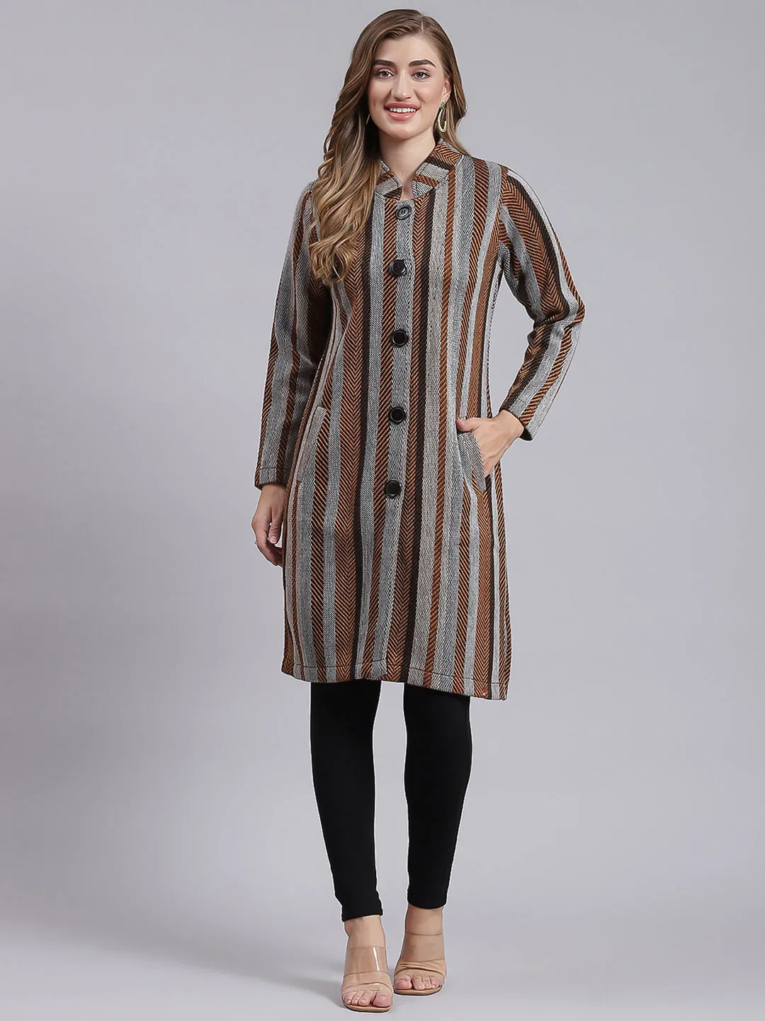 Women Multicolor Self Design Wool blend Knitted Coat