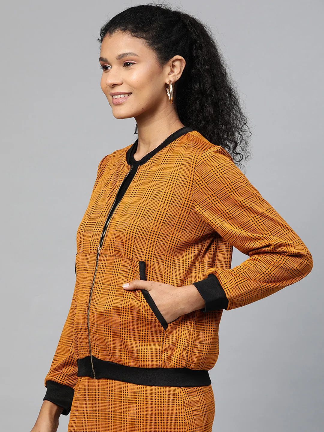 Women Mustard Jacquard Check Bomber Jacket