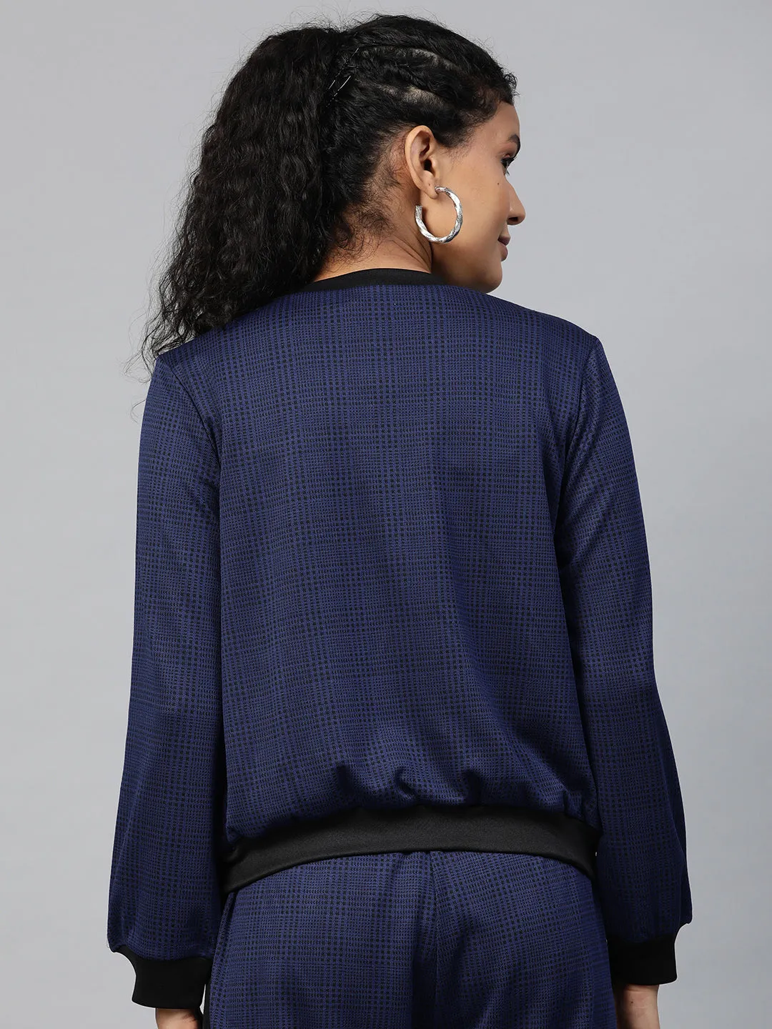 Women Navy Jacquard Check Bomber Jacket