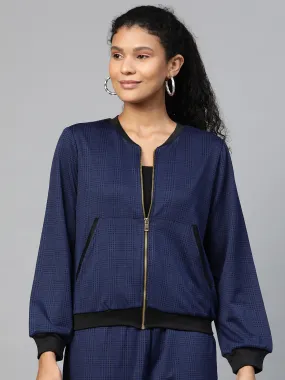 Women Navy Jacquard Check Bomber Jacket