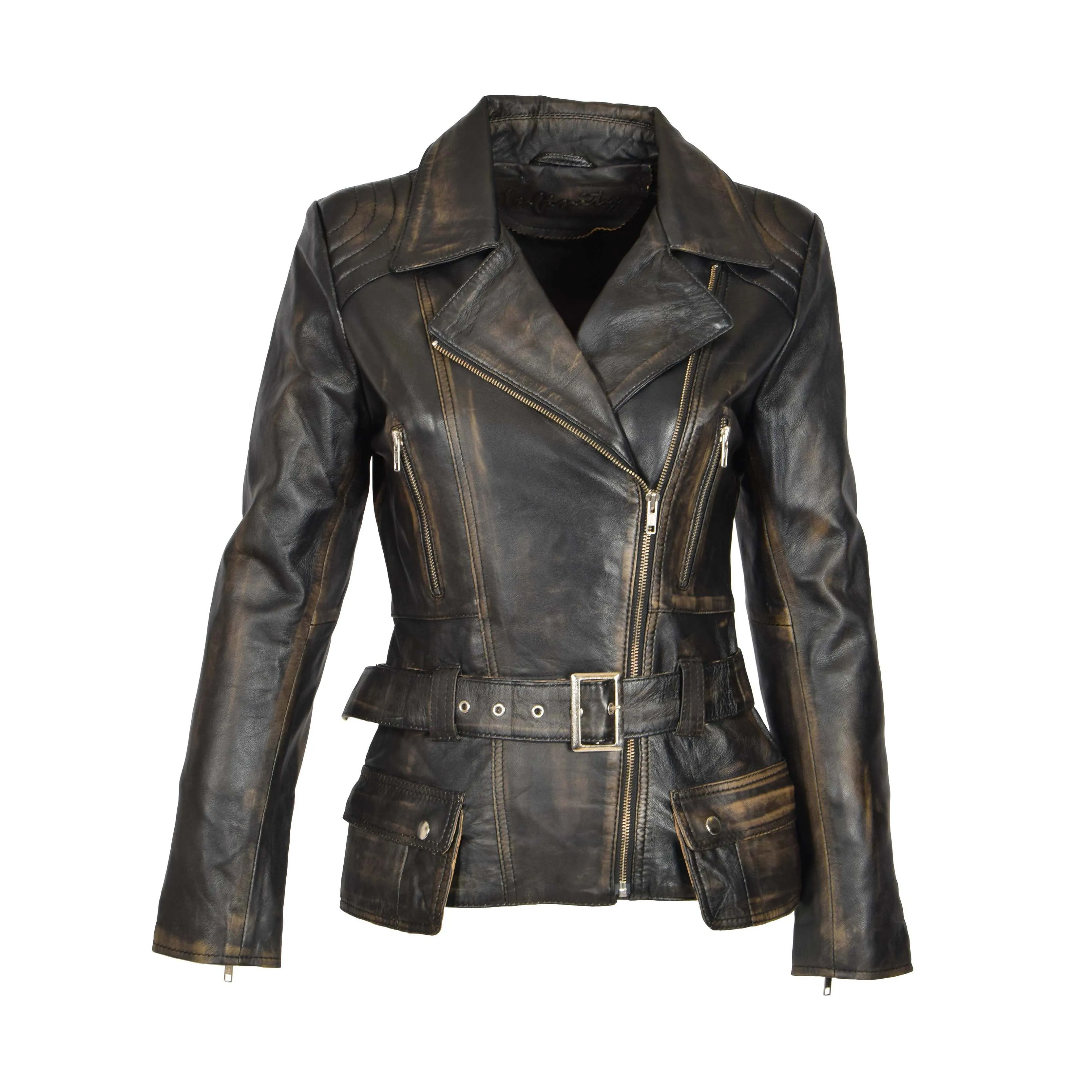 Womens Biker Leather Jacket Slim Fit Cut Hip Length Coat Coco Rub Off