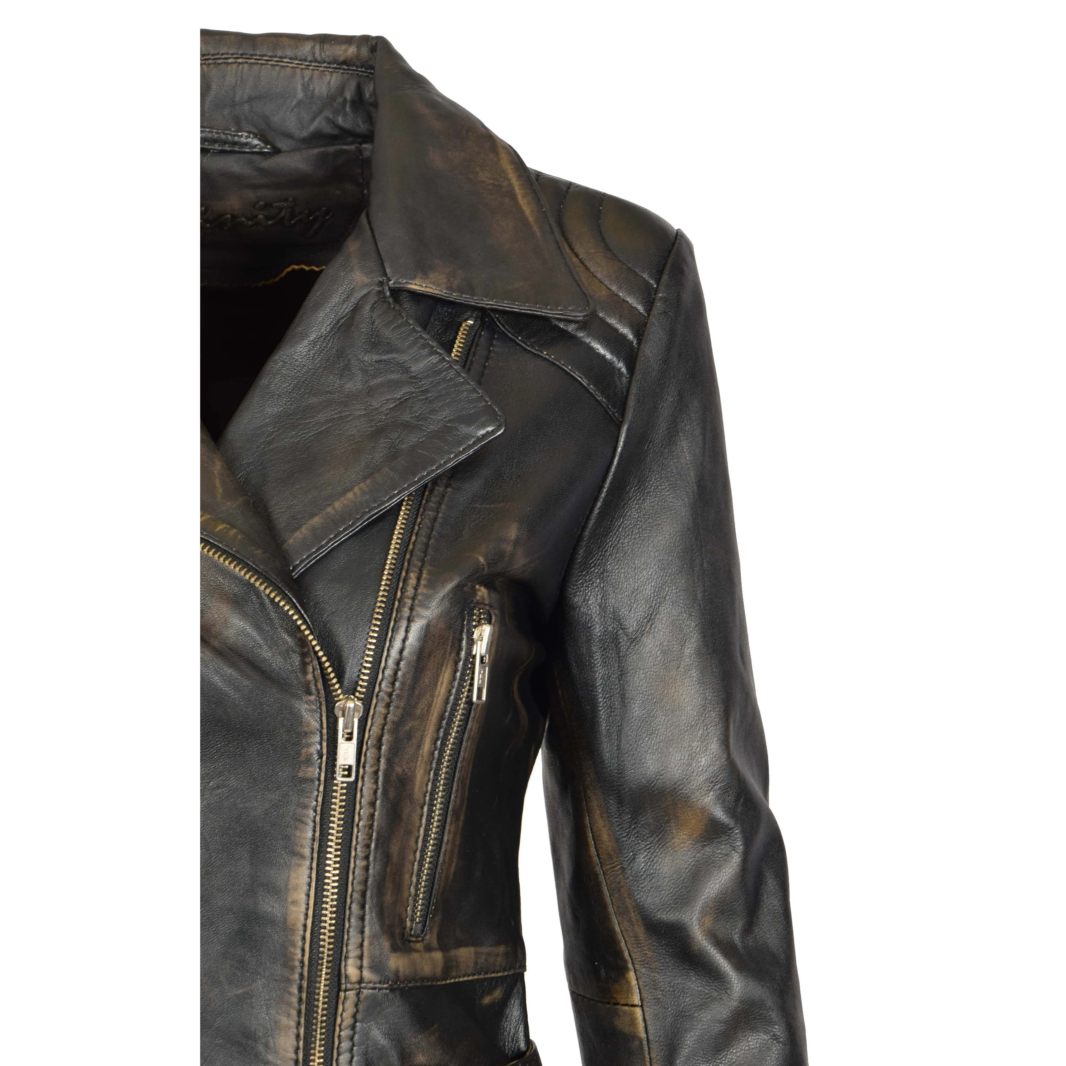 Womens Biker Leather Jacket Slim Fit Cut Hip Length Coat Coco Rub Off