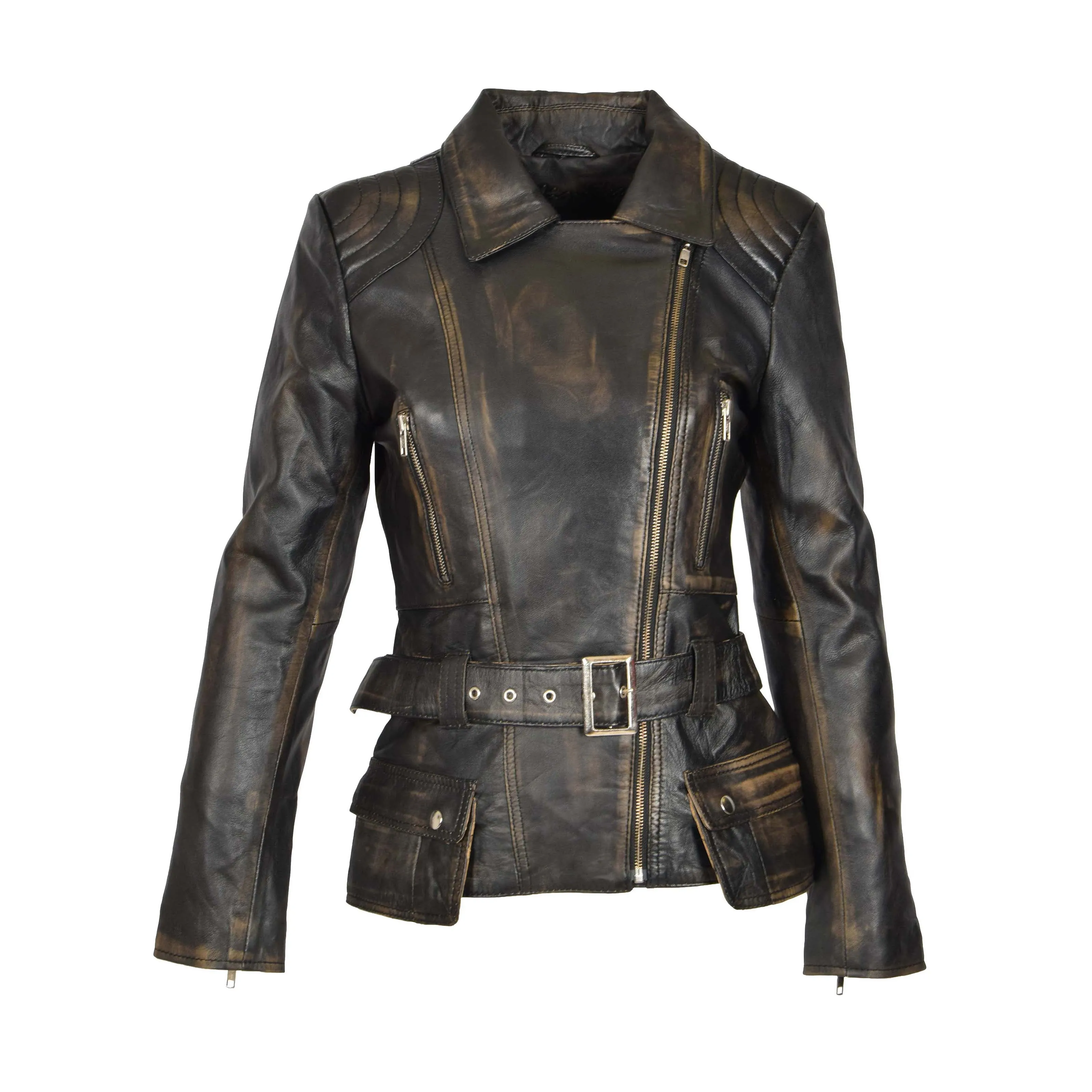 Womens Biker Leather Jacket Slim Fit Cut Hip Length Coat Coco Rub Off