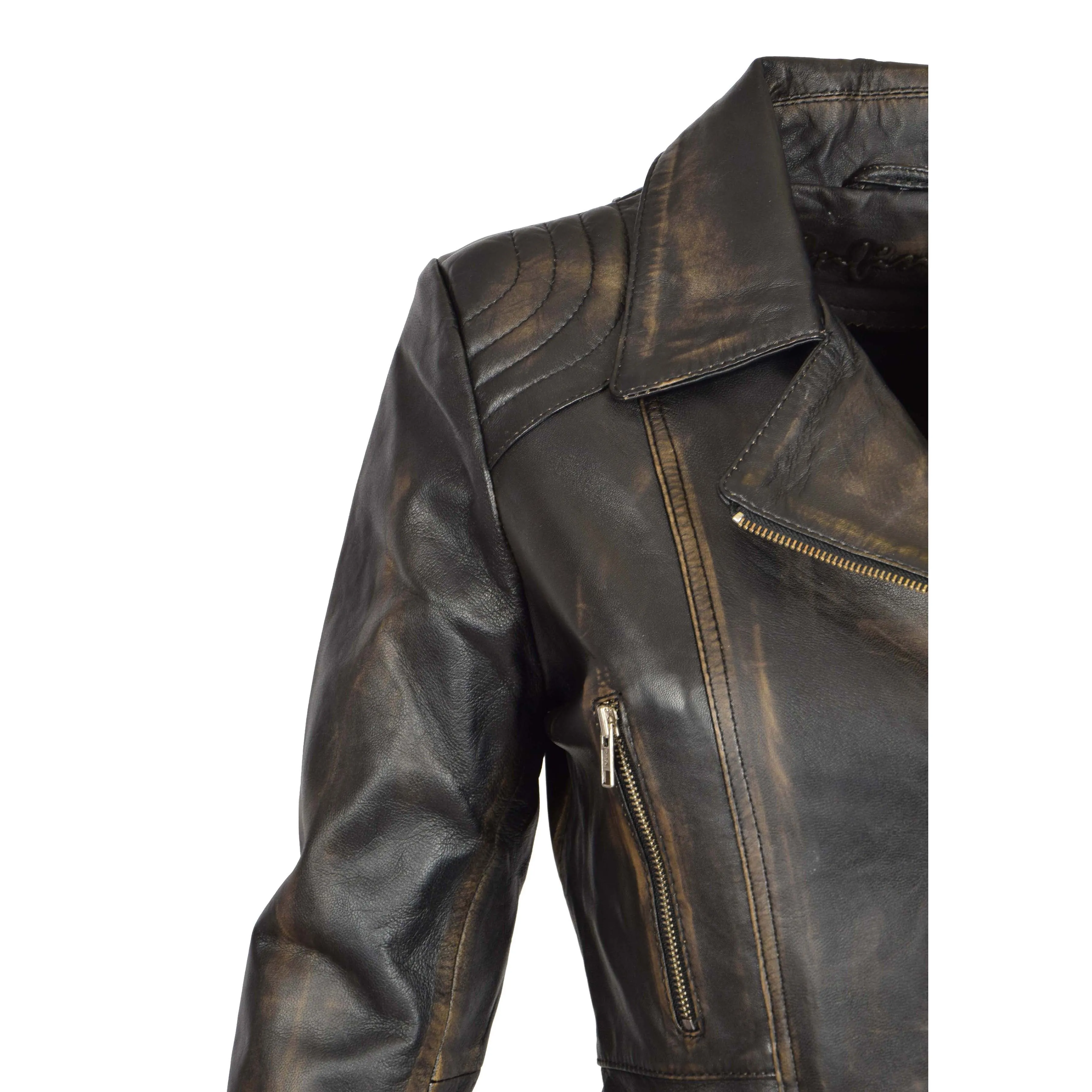 Womens Biker Leather Jacket Slim Fit Cut Hip Length Coat Coco Rub Off