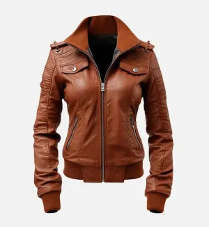 Women's Brown Leather Bomber Jacket