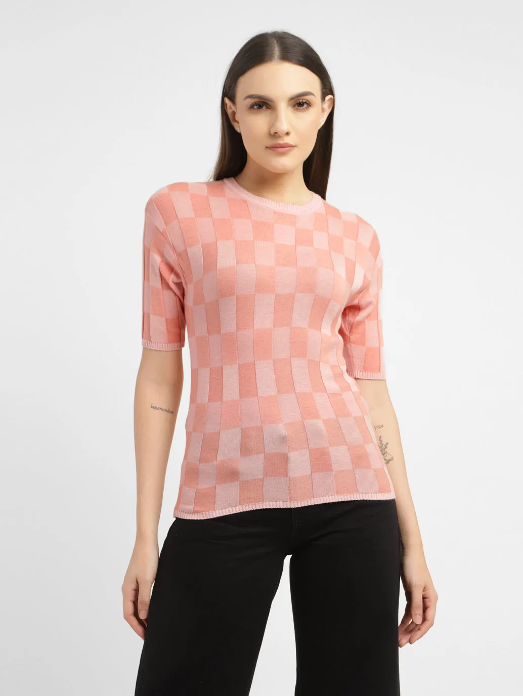 Women's Checked Crew Neck Top