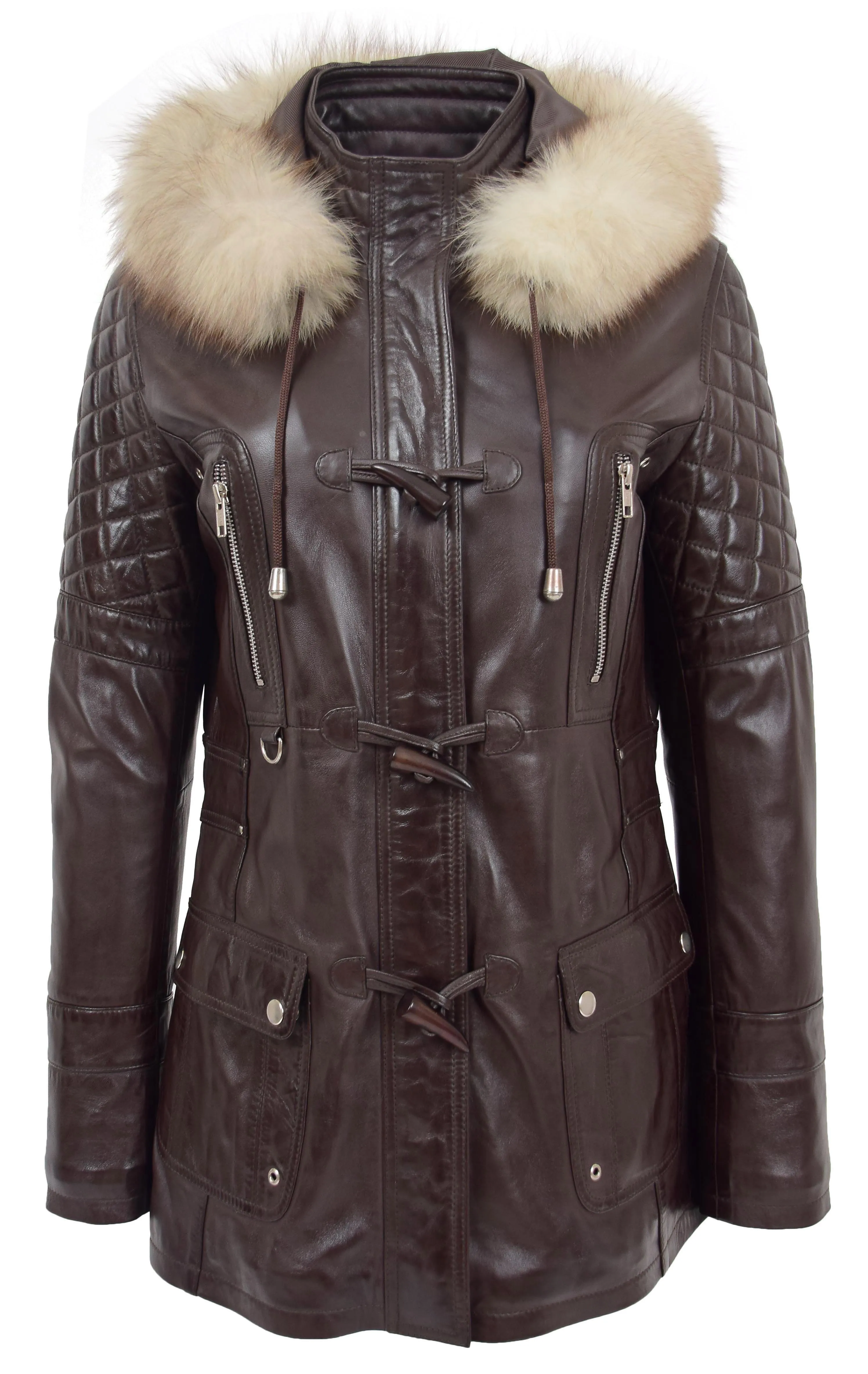 Womens Trendy Real Soft Leather Duffle Coat Fitted Removable Hood Parka Cory Brown