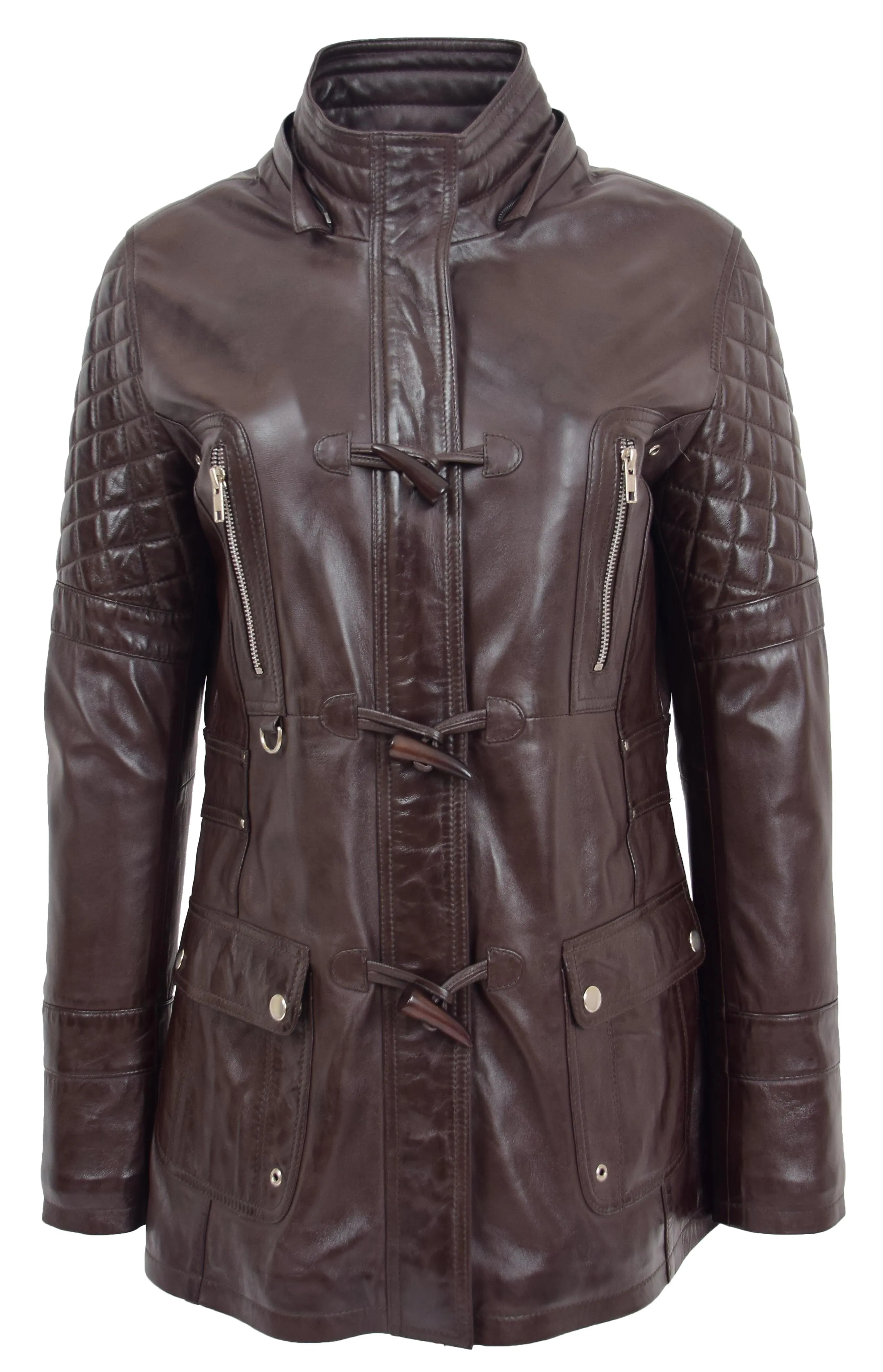 Womens Trendy Real Soft Leather Duffle Coat Fitted Removable Hood Parka Cory Brown